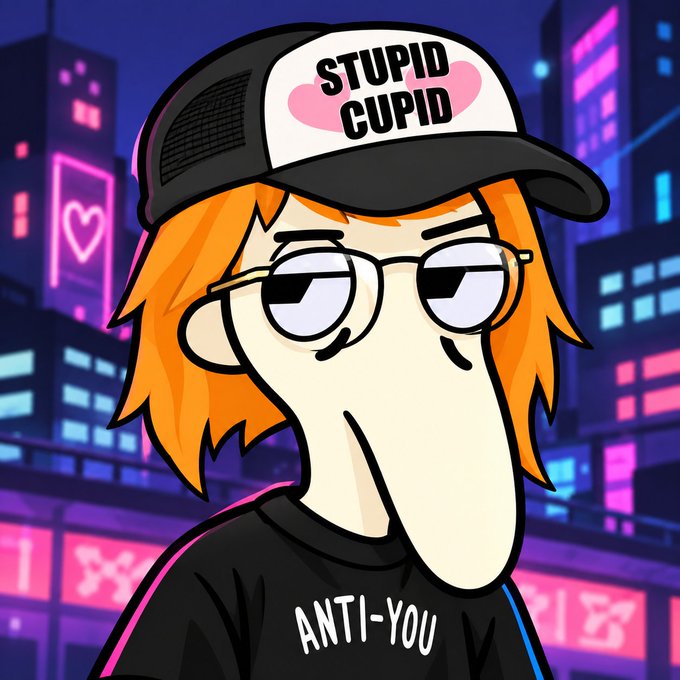 A cartoon illustration of an orange-haired character wearing sunglasses, a black cap reading 'STUPID CUPID' with a pink heart, and a black t-shirt reading 'ANTI-YOU', set against a neon purple cityscape background.