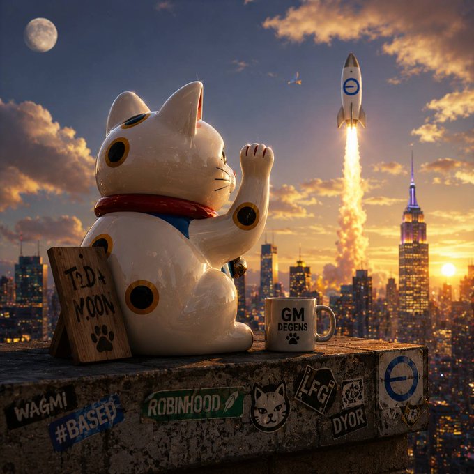 A Maneki-neko (lucky cat) figurine waves beside a 'TO DA MOON' sign and a 'GM DEGENS' mug on a rooftop overlooking a city skyline, with stickers like 'WAGMI', '#BASED', 'ROBINHOOD', 'LFG', and 'DYOR' on the ledge.