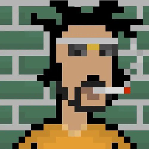 A pixel art illustration of a bearded man with a headband smoking a cigarette against a green brick wall background.
