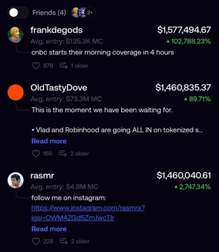 A screenshot of a chat or leaderboard shows three users—'frankdegods' ($1,577,494.67), 'OldTastyDove' ($1,460,835.37), and 'rasmr' ($1,460,040.61)—along with their messages and engagement metrics.