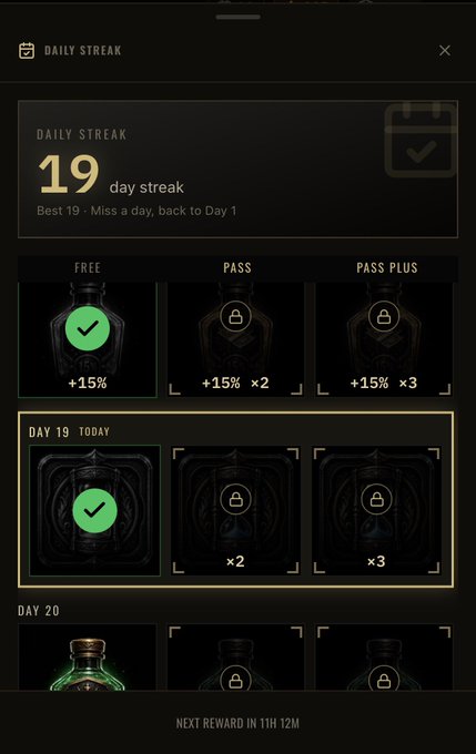 A 'Daily Streak' screen from a mobile game shows a 19-day streak with reward options for Free, Pass, and Pass Plus tiers.