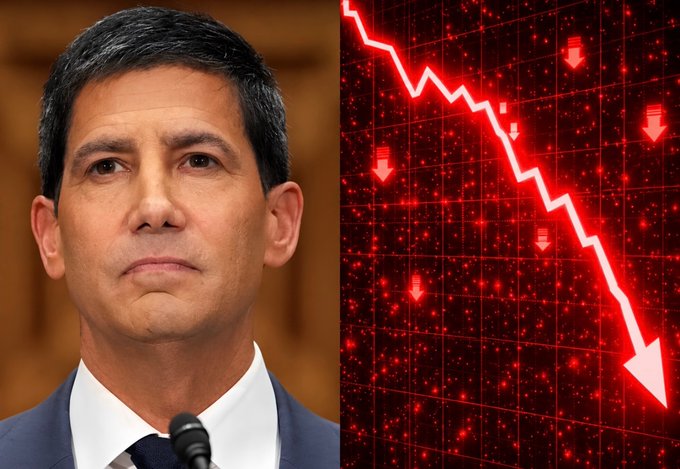 A man in a suit stands beside a dramatic graphic showing a steeply declining red line and downward arrows, symbolizing a market selloff.

The image visually reinforces the post's message about the Federal Reserve's hawkish stance—pairing a Fed official's serious expression with a plunging red chart to illustrate the negative market reaction anticipated from additional rate hikes and persistent inflation.
