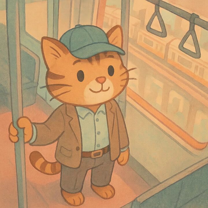 The image features a cartoon cat wearing a hat and suit standing next to a pole inside a train car. The cat appears to be looking out of the window or observing something outside the train, possibly enjoying the view or waiting for someone. The scene is set in an afternoon setting with a cityscape visible through the window.