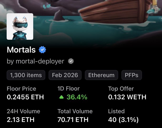 An NFT collection page for "Mortals" by mortal-deployer, displaying a cat character in futuristic goggles, with stats including a Floor Price of 0.2455 ETH and a 24H Volume of 2.13 ETH.