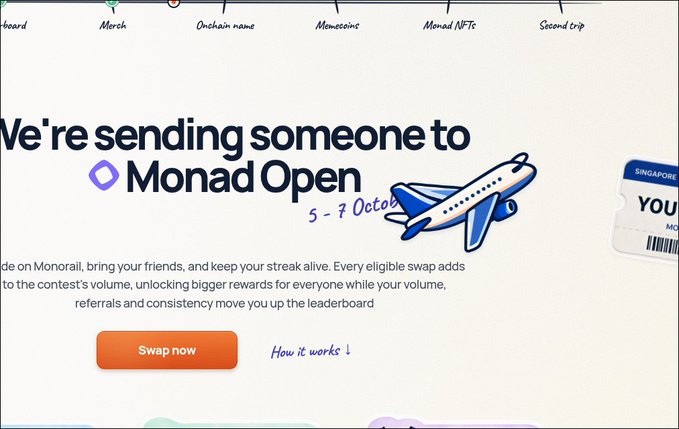 A webpage for Monad Open promoting a trip giveaway, with text 'We're sending someone to Monad Open 5-9 October' alongside a Singapore boarding pass and an orange 'Swap now' button.