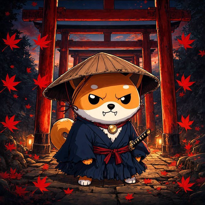 A chibi Shiba Inu dressed as a samurai, complete with a straw hat, dark kimono, red sash, and katana, stands beneath red torii gates surrounded by falling maple leaves at sunset. The image visually reinforces the post's message by casting the SHIB-themed mascot as a battle-ready warrior, symbolizing the call for $BABYSHIB to rise as the next crypto giant after $DOGE and $BABYDOGE.