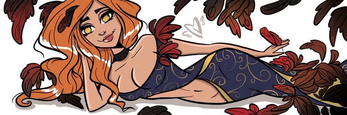 A stylized illustration of a woman with long orange hair and yellow eyes lying among red and dark feathers.