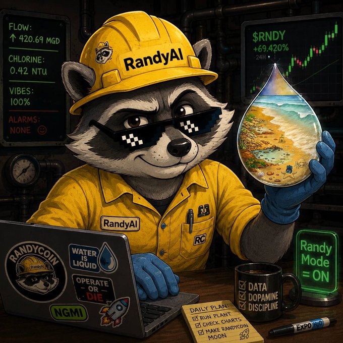 The image features a cartoon raccoon wearing a yellow hard hat, sitting at a desk with a laptop computer open in front of him. The raccoon appears to be working or studying something on the screen. There are also several stickers placed around the workspace, including one that reads "Do you even like clean water? Do you even like crypto?".
