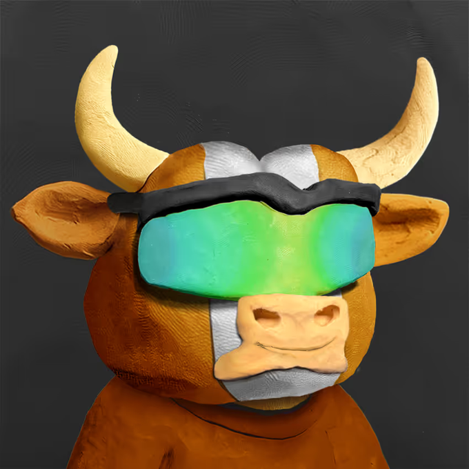 A 3D-rendered orange bull character wearing large reflective teal sunglasses against a dark background.
