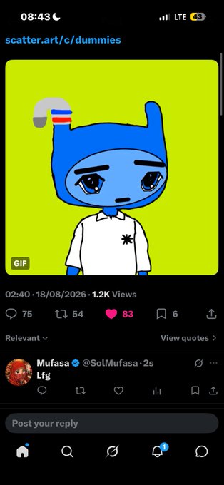 A mobile screenshot of a social media post on scatter.art/c/dummies featuring a sad blue cartoon character GIF with 1.2K views, 75 comments, 54 reposts, and 83 likes.