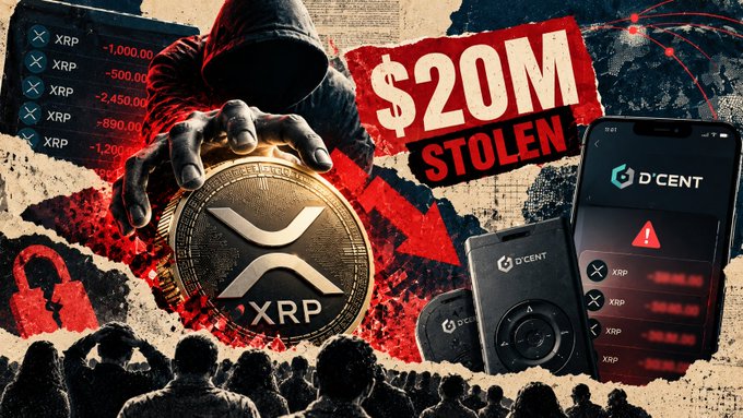 A dramatic digital artwork depicts a hooded figure holding an XRP coin, with 'XRP' transaction amounts and the text '$20M STOLEN' alongside D'CENT wallet devices.
