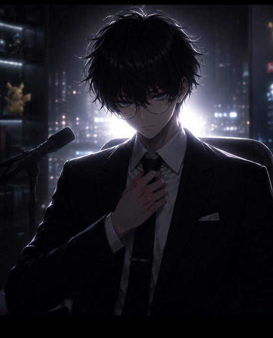 An anime-style digital illustration portrays a young man with messy black hair and glasses, wearing a black suit and tie, adjusting his tie in a dark, city-lit setting.