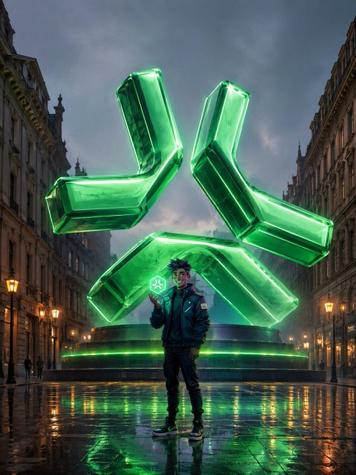 A young man in a black jacket stands in a rain-slicked city square holding a glowing green orb, with a massive abstract "X" sculpture made of illuminated green geometric forms towering behind him—a striking visual metaphor for AbstractChain's bold, forward-thinking presence in the crypto space, setting an energetic tone to inspire the community's day ahead.