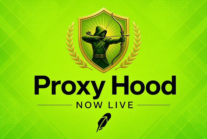 A promotional graphic with a gold shield emblem featuring an archer in a green hood, displaying the text "Proxy Hood" and "NOW LIVE" on a bright green background.