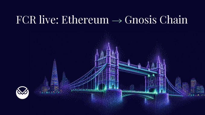 A dark graphic featuring a stylized neon-lit illustration of Tower Bridge, with the text 'FCR live: Ethereum → Gnosis Chain'.