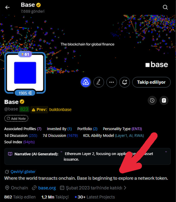 The image shows a social media post with a red arrow pointing at a specific section of text, which reads "Base token GELİYOR MU? Base'in resmi X hesabında dikkat çeken biöyükün katsayınız". The post is about the base token and its purpose.