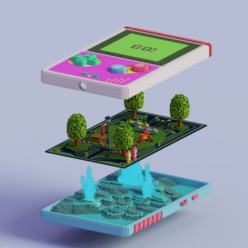 A vibrant 3D illustration deconstructs a handheld gaming console (displaying "G 01" on a green screen) into three floating layers: a colorful top shell, a mid-section featuring a miniature pixel-art scene with trees and figures, and a water-filled base with coral reefs. The image creatively visualizes the "Codex Consoles" NFT project referenced in the post, mirroring the pixelated retro gaming aesthetic with its blocky greenery and digital landscape.