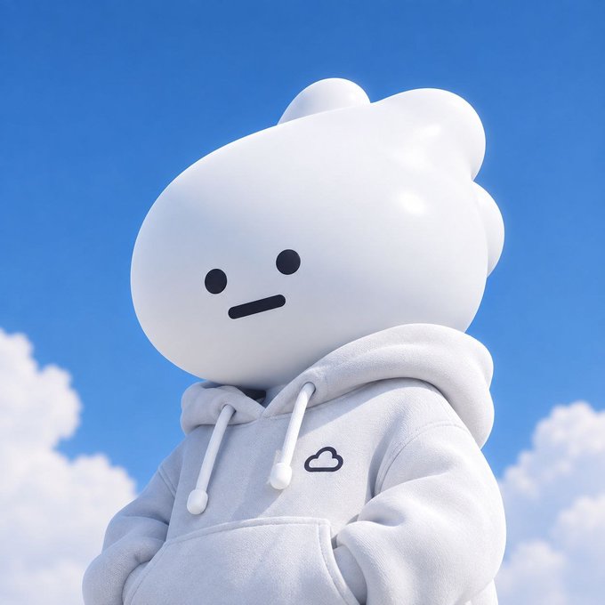 A 3D-rendered white cartoon cloud character wearing a light grey hoodie with a small cloud logo stands against a blue sky with white clouds, featuring a minimalist face with dot eyes and a straight-line mouth.