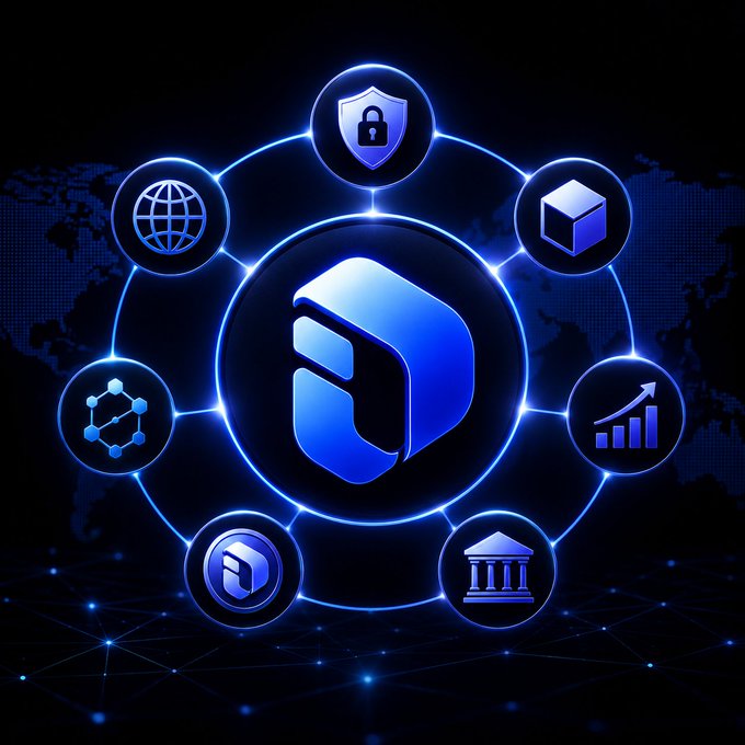 A digital graphic displaying a central blue logo surrounded by a network of connected icons including a globe, lock, cube, chart, and building against a dark map background.