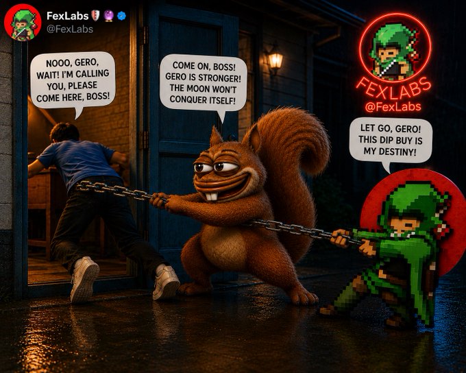 A meme from FexLabs features a 3D cartoon squirrel pulling a chain attached to a person, while a pixelated Link character pulls from the other side, complete with dialogue bubbles and branding.