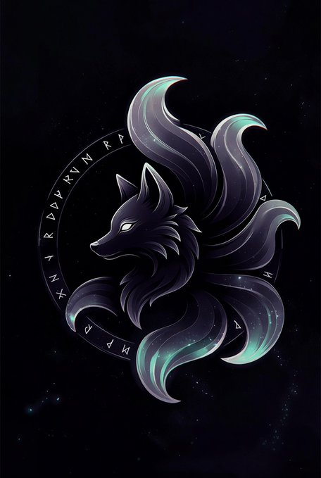 A digital illustration features a stylized, multi-tailed fox or wolf silhouette in dark purple and teal hues against a starry night sky, encircled by runic text.