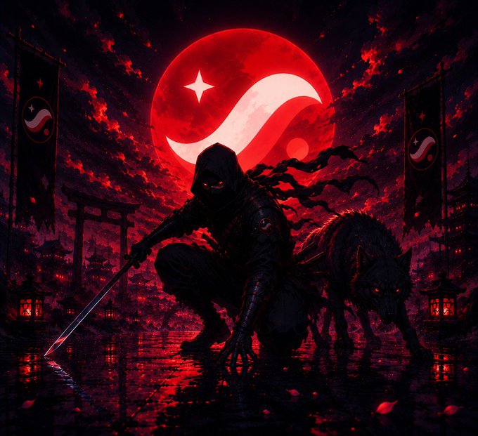 The image features a man dressed as a ninja, holding a sword and surrounded by various flags. There are also two dogs present in the scene, one of which appears to be a wolf-like creature with glowing eyes. The background depicts a dark sky filled with clouds, creating an atmosphere of mystery and intrigue. The caption reads "Full shinobi mode on Starknet soon. 6 days left. Stay tuned." This suggests that there is a connection between the image and a post about the ninja character or the game they are playing.