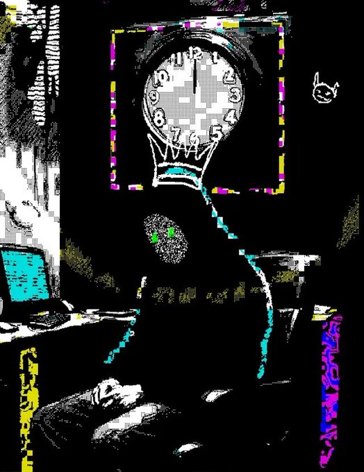 Heavily distorted, high-contrast digital artwork showing a distorted figure with a clock for a head displaying numbers 1-12, surrounded by glitchy pink, yellow, and cyan lines.