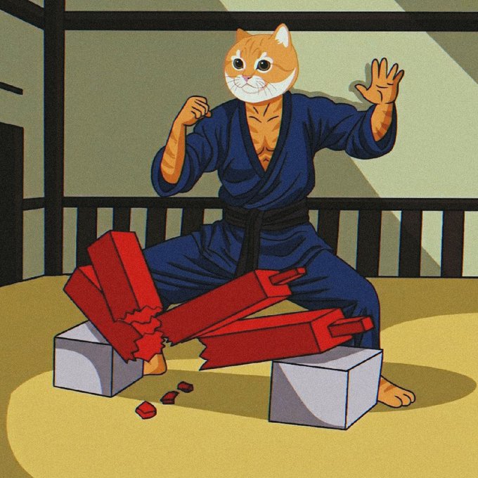 A cartoon illustration of an anthropomorphic cat in a blue karate gi breaking wooden boards with its hands, sitting on cinder blocks.