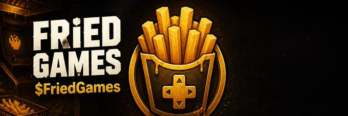 A logo for 'FRIED GAMES' with the tagline '$FriedGames' next to a graphic of french fries in a shield-like container with a game controller D-pad symbol.
