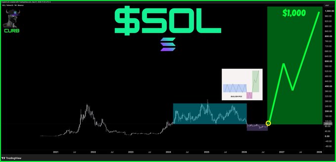 The image features a TradingView chart for the Solana ($SOL) cryptocurrency, displaying historical price data and a speculative projection line showing the price soaring to a target of $1,000 by 2028, with the Solana logo and a "CURB" watermark in the corner. The accompanying post reinforces this bullish outlook by predicting $SOL will send past the $1,000 mark, aligning directly with the green upward projection visualized on the chart.