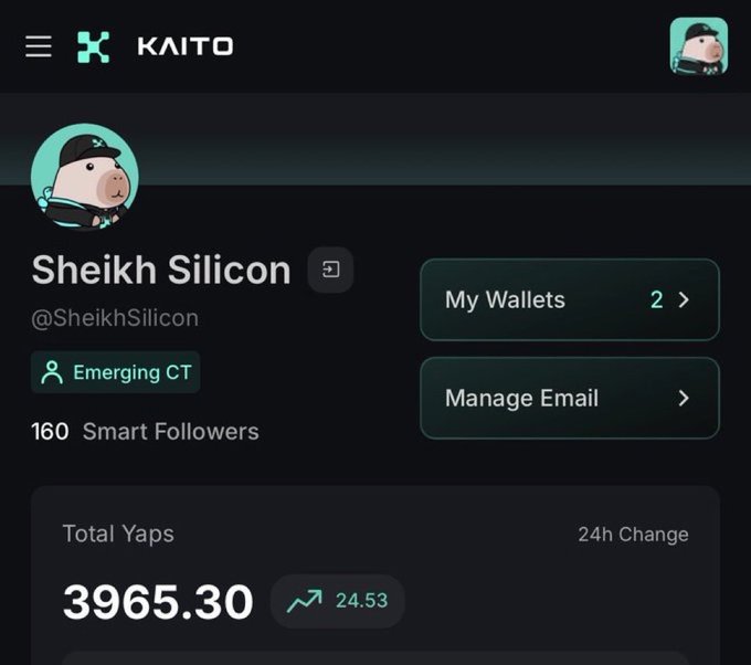 A screenshot of the Kaito platform showing user "Sheikh Silicon" (@SheikhSilicon), an Emerging CT holder with 160 Smart Followers and 2 wallets, displaying Total Yaps of 3965.30 with a 24-hour change of +24.53. The image relates to the post by visually showcasing the user's Kaito Yap metrics, suggesting they are tracking their accumulating yaps in anticipation of a potential Season 2 airdrop.