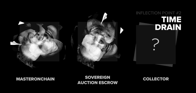 A dark presentation slide features two stylized black and white images labeled 'MASTERONCHAIN' and 'SOVEREIGN AUCTION ESCROW', alongside a 'TIME DRAIN' question mark labeled as 'INFLECTION POINT #2' and 'COLLECTOR'.