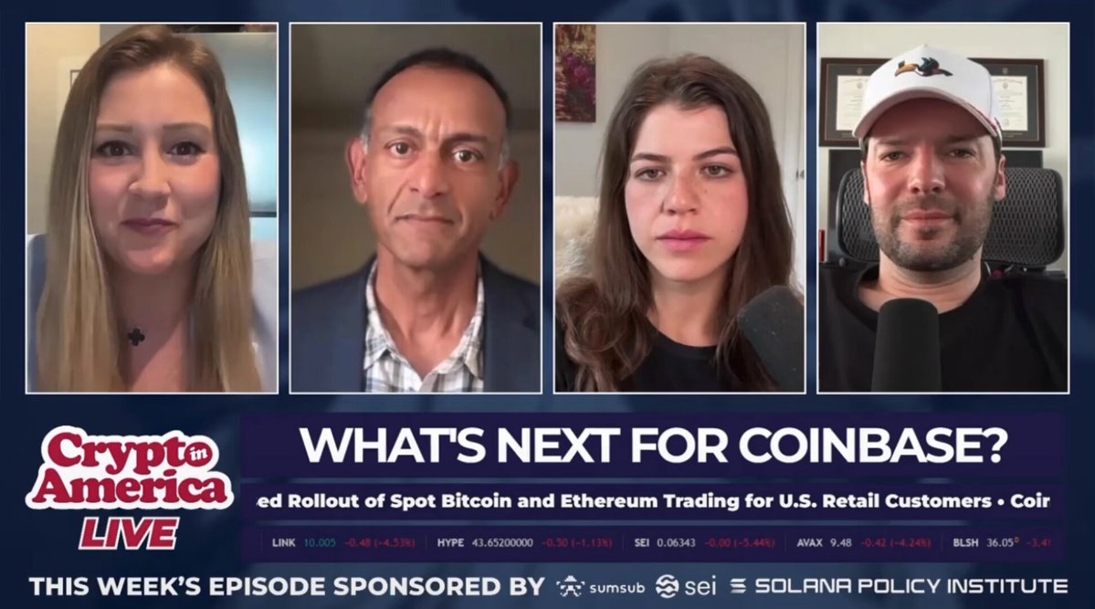 The image features a group of four people posing for a photo with the caption "What's next for Coinbase CLO?". The image also includes text that says "Coinbase CLO mapped the full path after markup. Reconcile Senate versions. Secure 60 votes. Floor debate. For $XRP holders, permanent legal clarity is weeks away. Not years. Adoption is coming.".