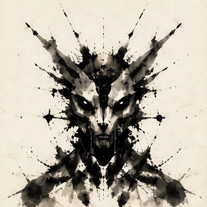 The image features a tattoo of an aggressive face with multiple splatter marks across its face, resembling a beast or dragon. The tattoo stands out against the white background, drawing attention to itself due to the contrasting colors and intricate details. The image also includes some text within the tattoo that reads "@InkgeneticsNFT up for grab Supply is 200 Mint date is soon Mint price is TBA How to win: - Follow @0xlegendaryarts @InkgeneticsNFT - Like and Retweet - Mention 2 Legends and drop your Ethereum compatible address Draw in 24 hours." The overall composition of the tattoo, along with its location on someone's face, gives it a striking and intriguing appearance.