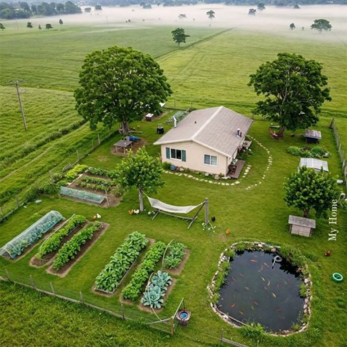 An aerial view shows a small, single-story house surrounded by lush green farmland, vegetable gardens, a hammock, free-roaming chickens, and a pond filled with fish, evoking a peaceful rural homestead. The watermark "My Home" appears on the right side, fitting the caption's dream of someone already enjoying this simple, self-sufficient lifestyle while their XRP investment grows.