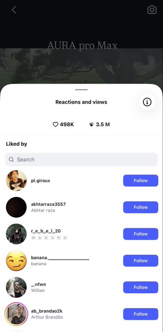 The image displays a Instagram post's "Reactions and views" panel showing 498K likes and 3.5M views for "AURA pro Max," corroborating the post's claim about $GIGA's viral reach beyond crypto Twitter, while listing users like pl.giroux, akhtar raza, and others who liked the post.