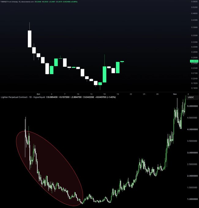 Dark trading charts show TIBERETH/USDT price data above and “Lighter Perpetual Contract · 1D · Hyperliquid” price data below, including a red circled decline on the lower chart.