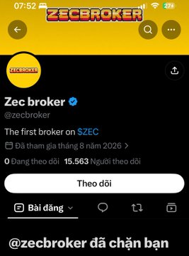 A profile page on the ZECBROKER platform for "Zec broker" (@zecbroker), described as "The first broker on $ZEC" with 15,563 followers.