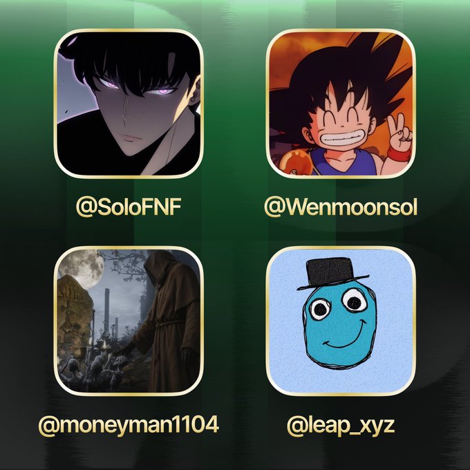 Four social media profile cards are displayed on a dark green background, featuring usernames @SoloFNF (anime character), @Wenmoonsol (Goku), @moneyman1104 (hooded figure with moon), and @leap_xyz (blue smiling blob with top hat), promoting accounts featured in the Pumpfun app announcement.