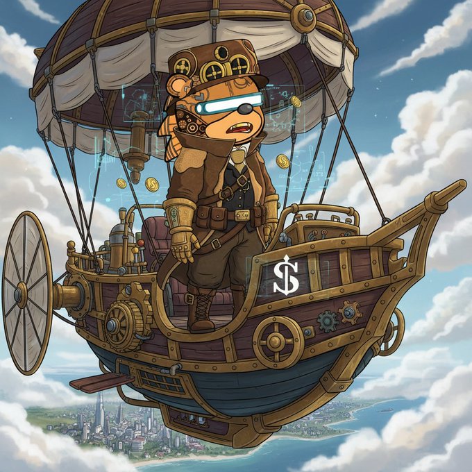 A cartoon illustration of a steampunk-style bear pilot wearing goggles, standing in a flying airship decorated with gears and a dollar sign, soaring above a city landscape.
