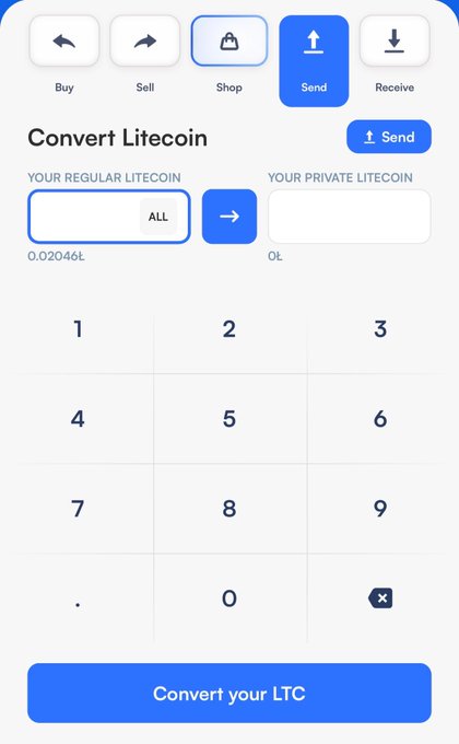 A mobile app screenshot showing a 'Convert Litecoin' interface with navigation tabs (Buy, Sell, Shop, Send, Receive), input fields for regular and private Litecoin balances (0.02046Ł and 0Ł), and a numeric keypad.