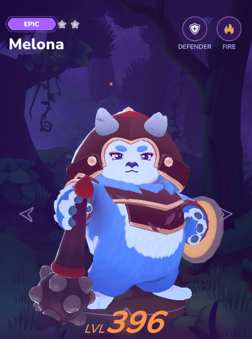 A character from a video game named 'Melona' is shown: a blue and white creature wearing a helmet, holding a spiked club and shield, classified as an EPIC Defender/Fire type, at level 396.