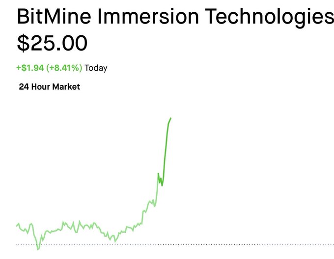 A stock chart for BitMine Immersion Technologies (BMNR) shows the price at $25.00, up $1.94 (+8.41%) for the day, with a sharp upward spike on the 24-hour graph reflecting the rally referenced in the celebratory post about Bitcoin miners and Ethereum.