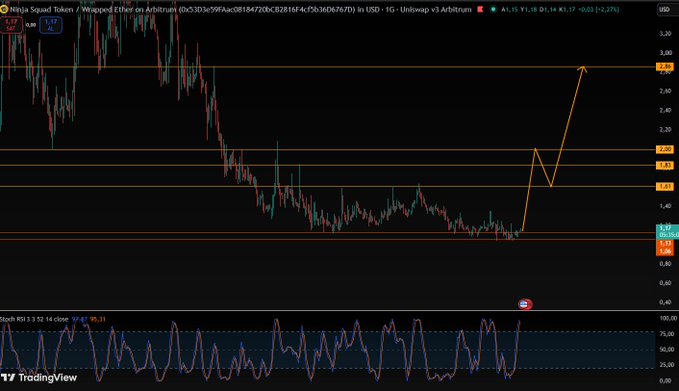 A TradingView chart of the Ninja Squad Token / Wrapped Ether pair (DoDo/Artbitrum), showing a dramatic price increase marked by an upward arrow piercing multiple resistance levels.