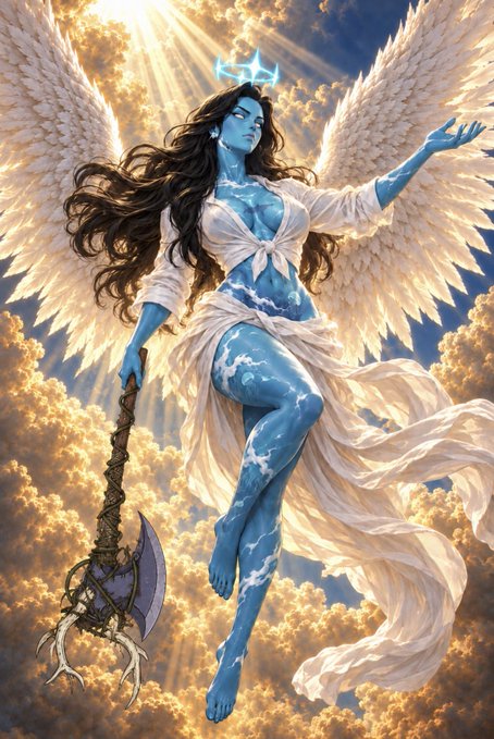 A fantasy illustration depicts a blue-skinned, winged celestial figure with a glowing halo, wearing flowing white garments and holding an ornate staff and axe, set against a backdrop of radiant golden clouds.