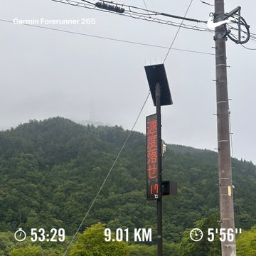 The image shows a street sign with the time of 9:01 displayed, indicating that someone has taken a photo at this location. The sign also includes information about the distance from the starting point, which is 9.1 kilometers away.
