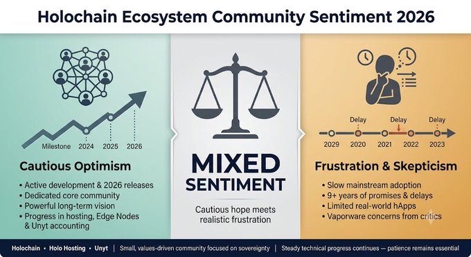 The image is an infographic titled "Holochain Ecosystem Community Sentiment 2026" showing three panels: a green "Cautious Optimism" section highlighting 2024-2026 development progress, a central "Mixed Sentiment" scale noting "Cautious hope meets realistic frustration," and an orange "Frustration & Skepticism" panel citing delays from 2020-2023. The footer references Holochain, Holo Hosting, and Unyt, aligning with the accompanying post's tags (#Holochain #HoloHosting #UnytAccounting #HoloFuel $HOT) by visualizing the divided community sentiment around the project's promises versus real-world delivery.