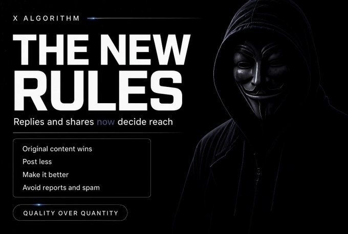 A dark promotional graphic titled 'THE NEW RULES' for the 'X ALGORITHM', featuring a hooded figure in a V for Vendetta mask, with text emphasizing that replies and shares decide reach and 'QUALITY OVER QUANTITY'.