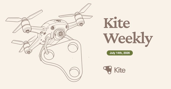 The image is a "Kite Weekly" header dated July 14th, 2026, featuring a line-art illustration of a quadcopter drone equipped with a camera. The Kite logo appears at the bottom, visually tying the branded weekly update—covering Kite's work embedding identity and spend controls into payments, physical AI, and developer workflows—to the newsletter's identity.
