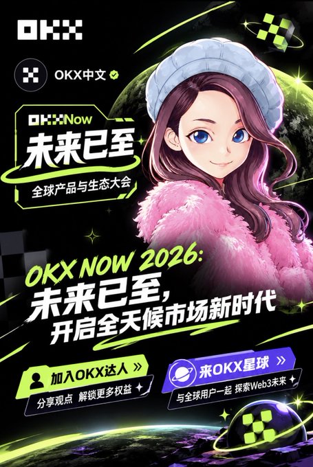 A promotional poster for 'OKX Now 2026: 未来已至' (The Future Has Arrived) featuring an anime-style girl in a pink fluffy coat, advertising a global product and ecosystem conference.